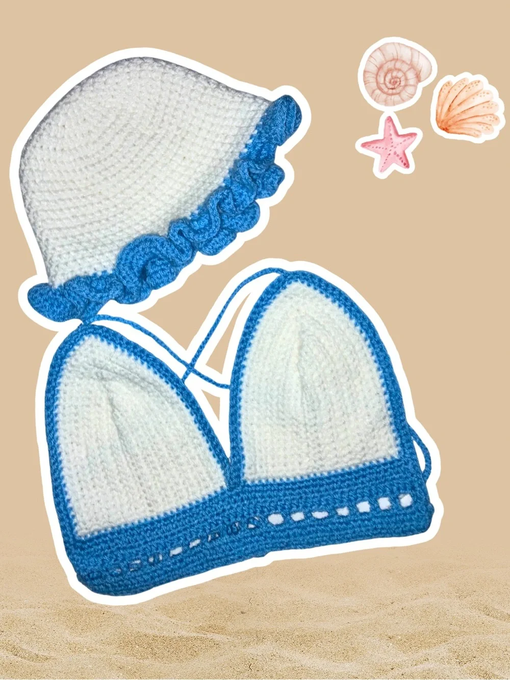 Crocheted bikini top set with matching hat